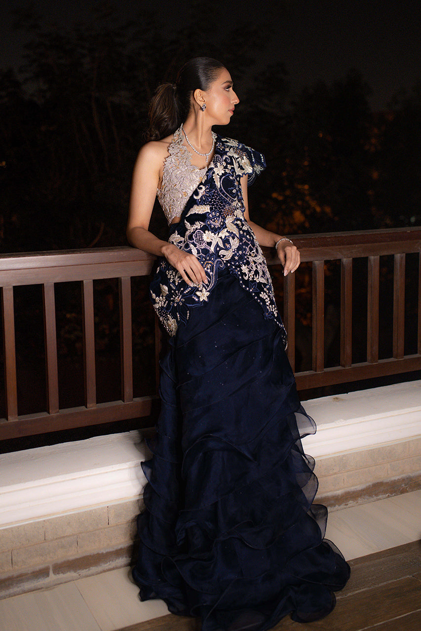 Pakistani Navy & Silver Embellished Silk Organza Lehenga (2-Piece) - Image 14