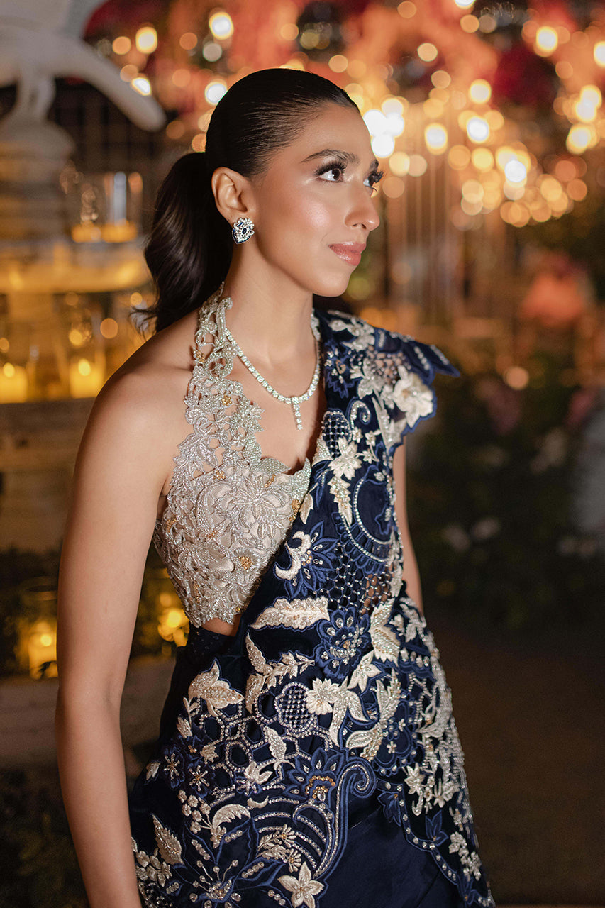 Pakistani Navy & Silver Embellished Silk Organza Lehenga (2-Piece) - Image 15