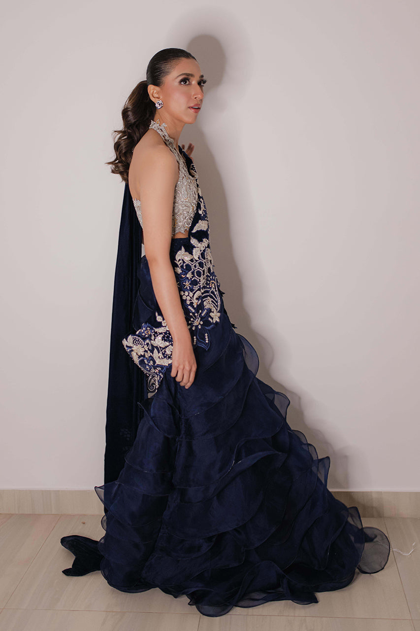 Pakistani Navy & Silver Embellished Silk Organza Lehenga (2-Piece) - Image 3