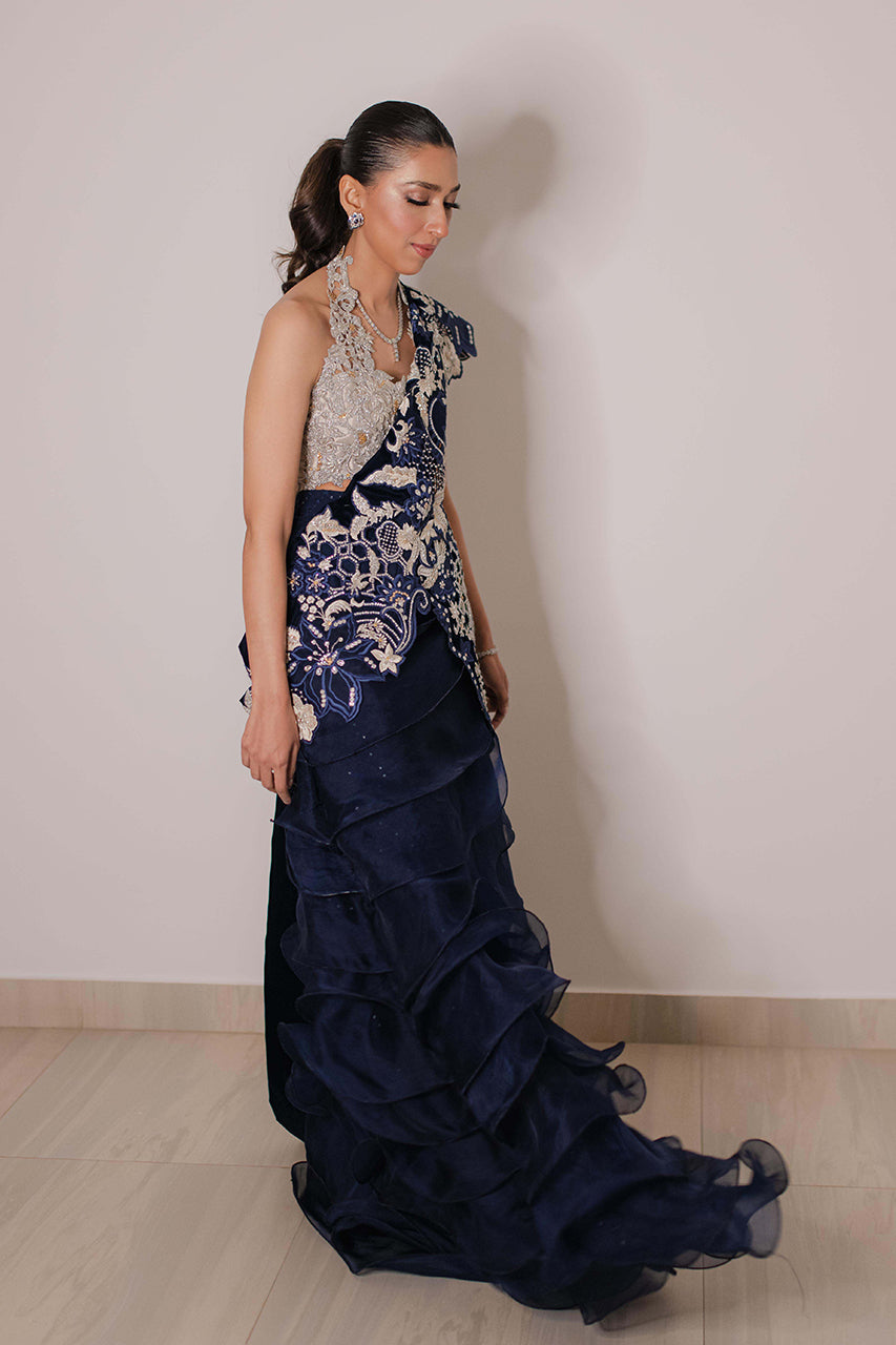 Pakistani Navy & Silver Embellished Silk Organza Lehenga (2-Piece) - Image 4