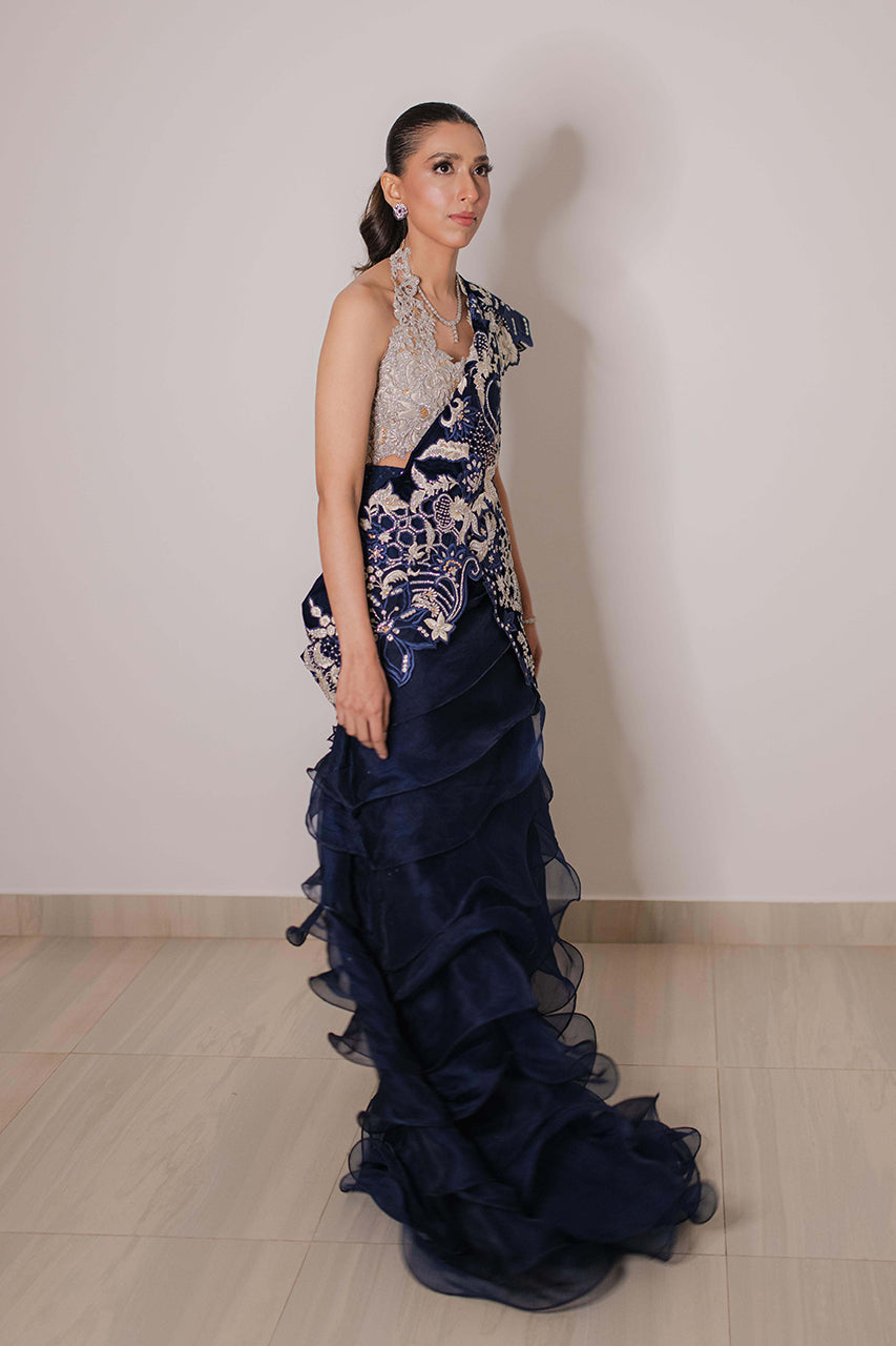 Pakistani Navy & Silver Embellished Silk Organza Lehenga (2-Piece) - Image 5