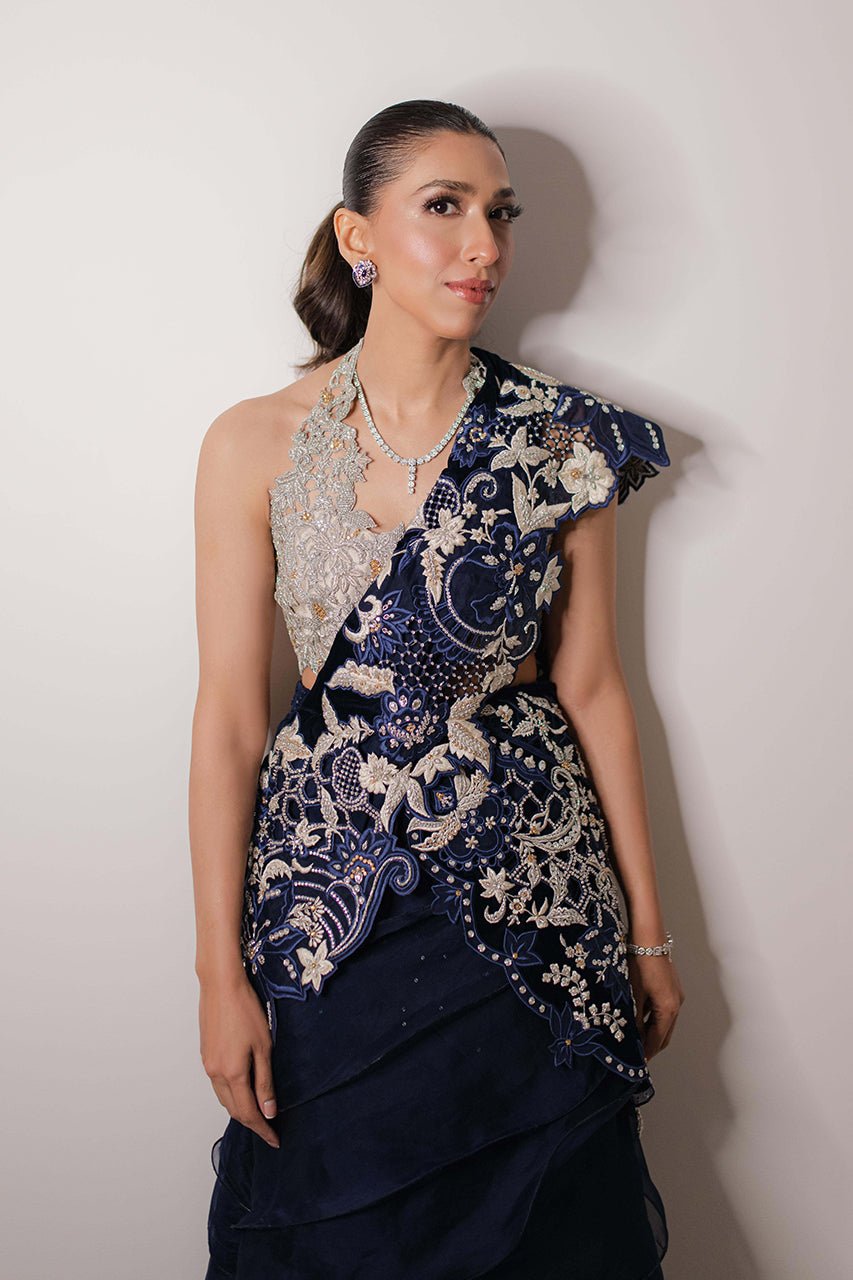 Pakistani Navy & Silver Embellished Silk Organza Lehenga (2-Piece) - Image 6