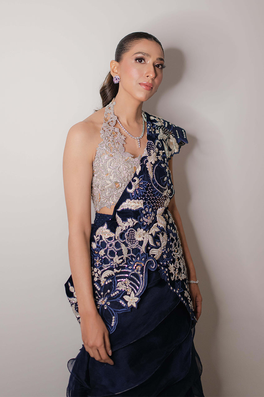 Pakistani Navy & Silver Embellished Silk Organza Lehenga (2-Piece) - Image 7