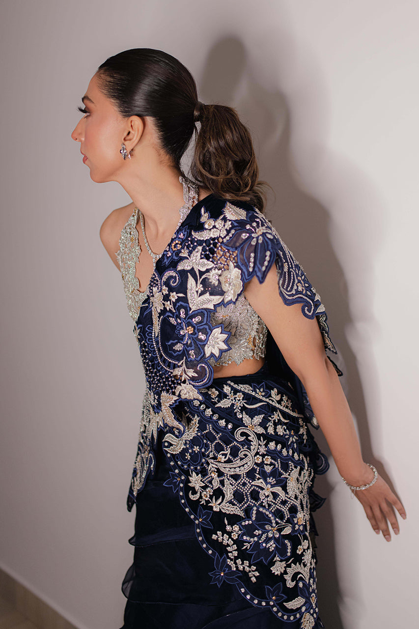 Pakistani Navy & Silver Embellished Silk Organza Lehenga (2-Piece) - Image 8