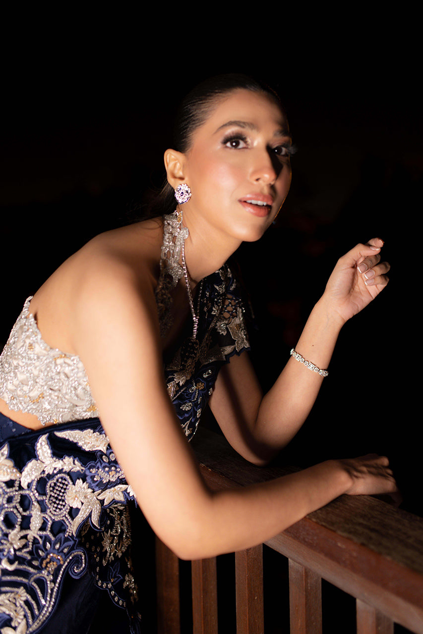 Pakistani Navy & Silver Embellished Silk Organza Lehenga (2-Piece) - Image 9