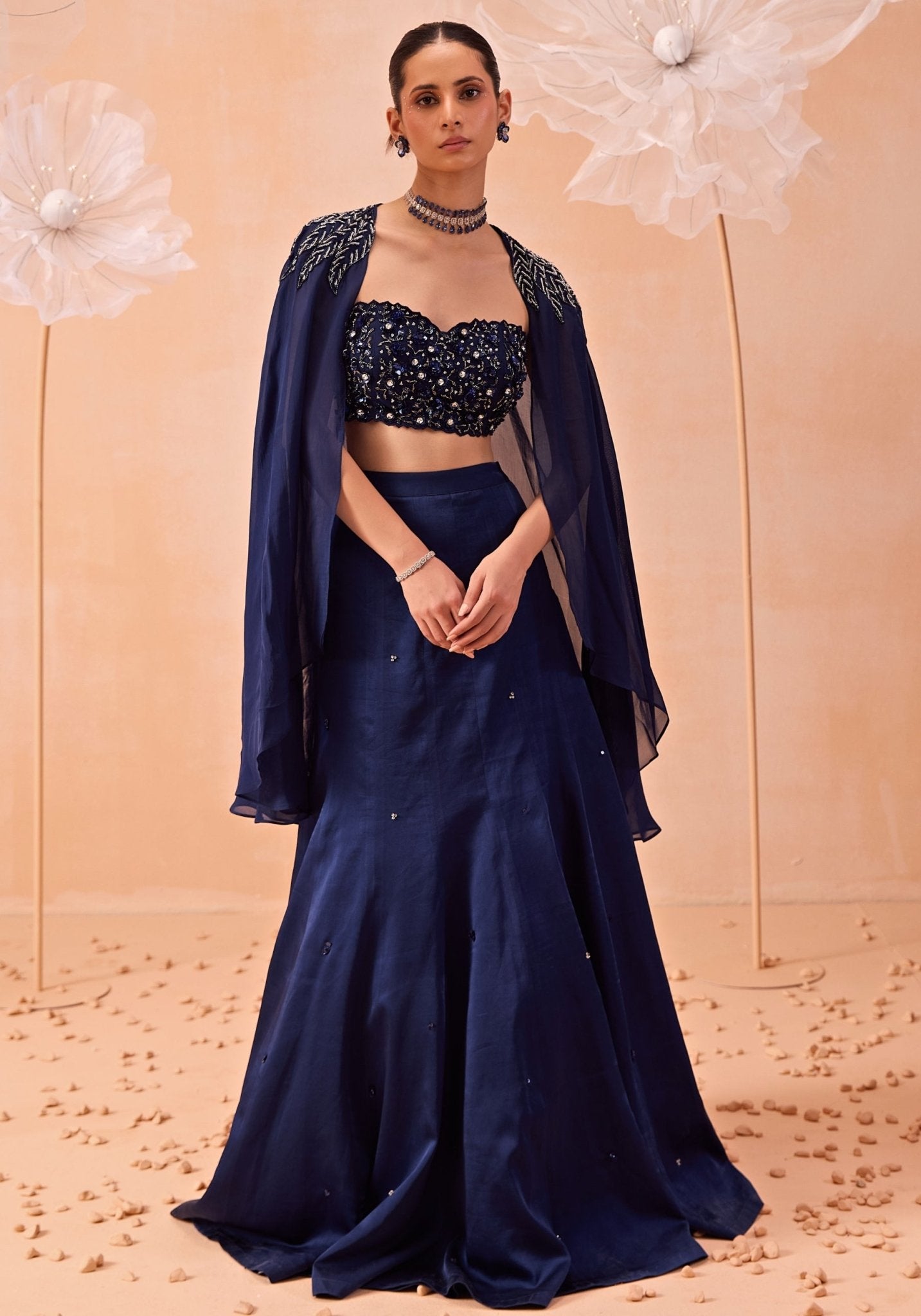 Pakistani Navy Embroidered Silk Satin Organza Lehenga (3-Piece) - Image 1