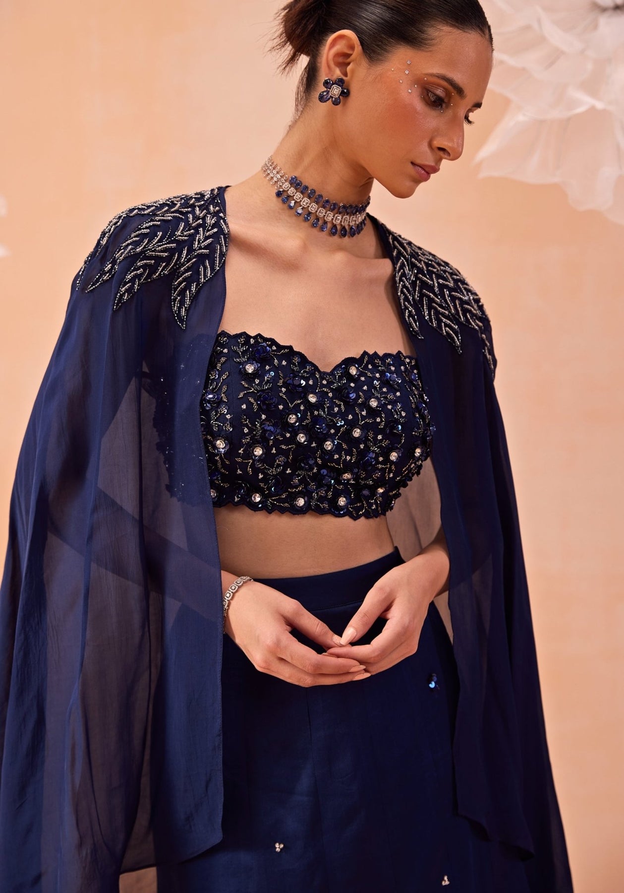 Pakistani Navy Embroidered Silk Satin Organza Lehenga (3-Piece) - Image 3