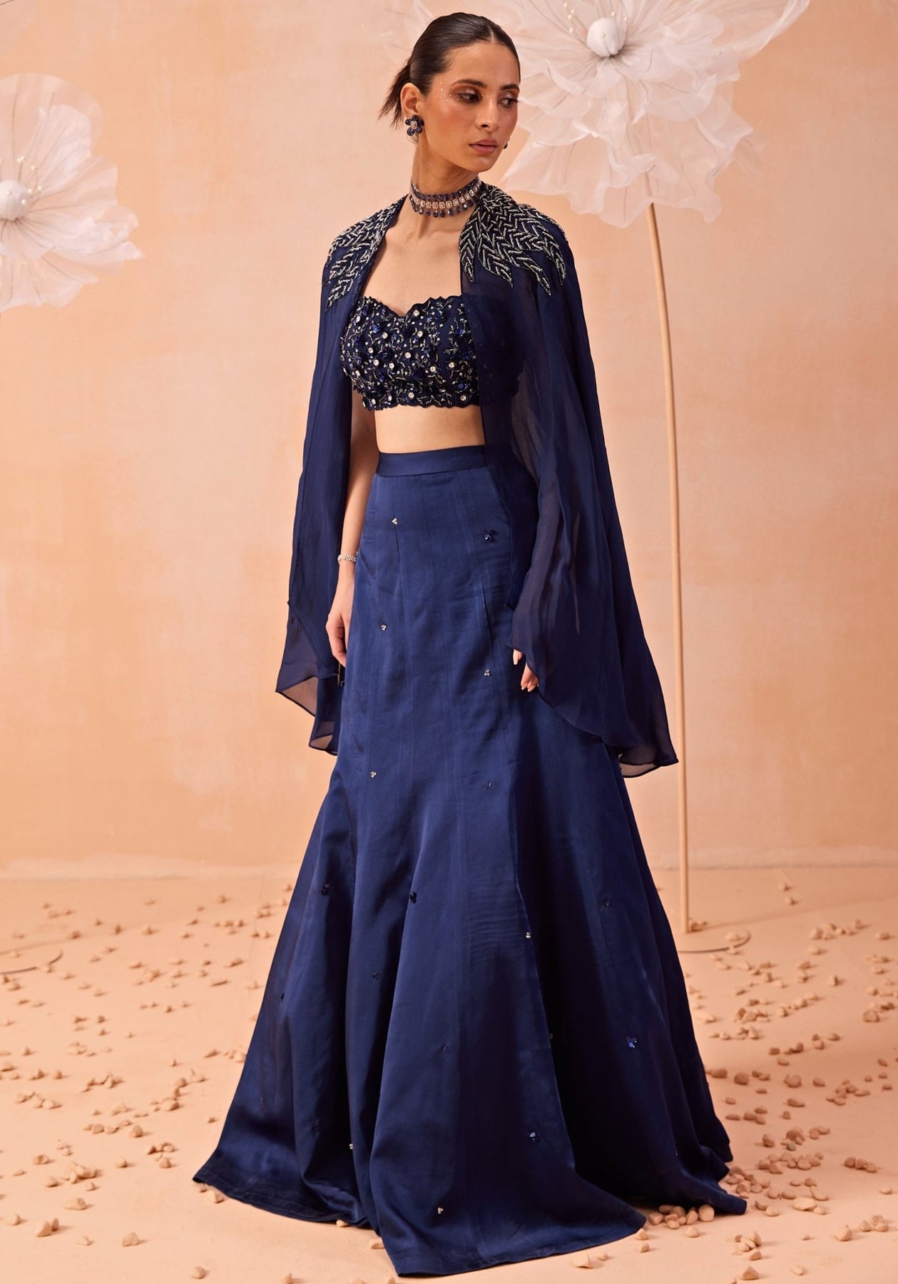 Pakistani Navy Embroidered Silk Satin Organza Lehenga (3-Piece) - Image 4