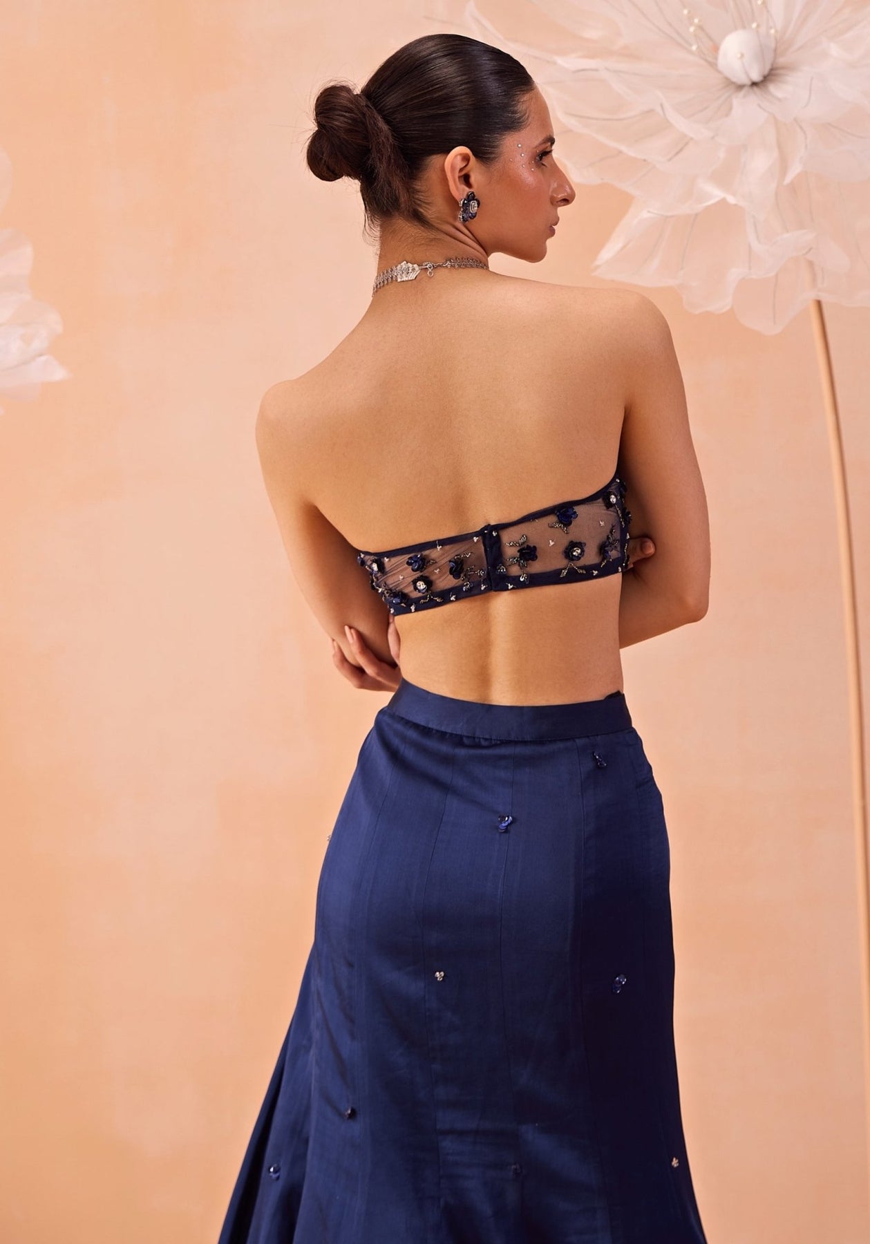 Pakistani Navy Embroidered Silk Satin Organza Lehenga (3-Piece) - Image 5