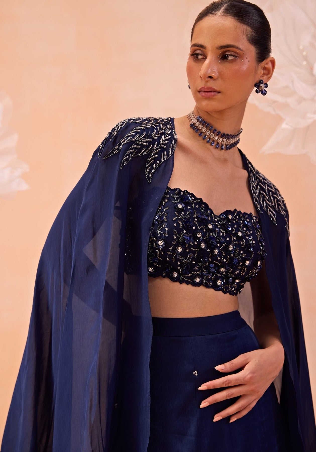 Pakistani Navy Embroidered Silk Satin Organza Lehenga (3-Piece) - Image 6