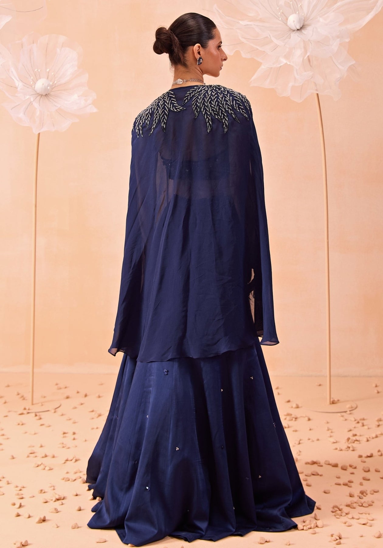 Pakistani Navy Embroidered Silk Satin Organza Lehenga (3-Piece) - Image 7