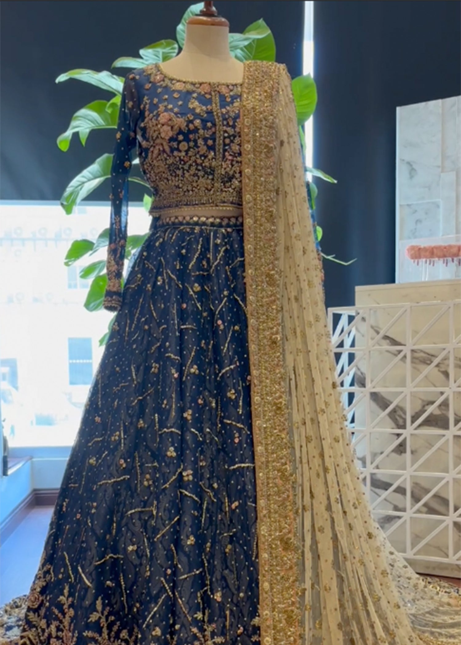 Pakistani Navy Blue Embellished Silk Bridal Lehenga (3-Piece) - Image 2