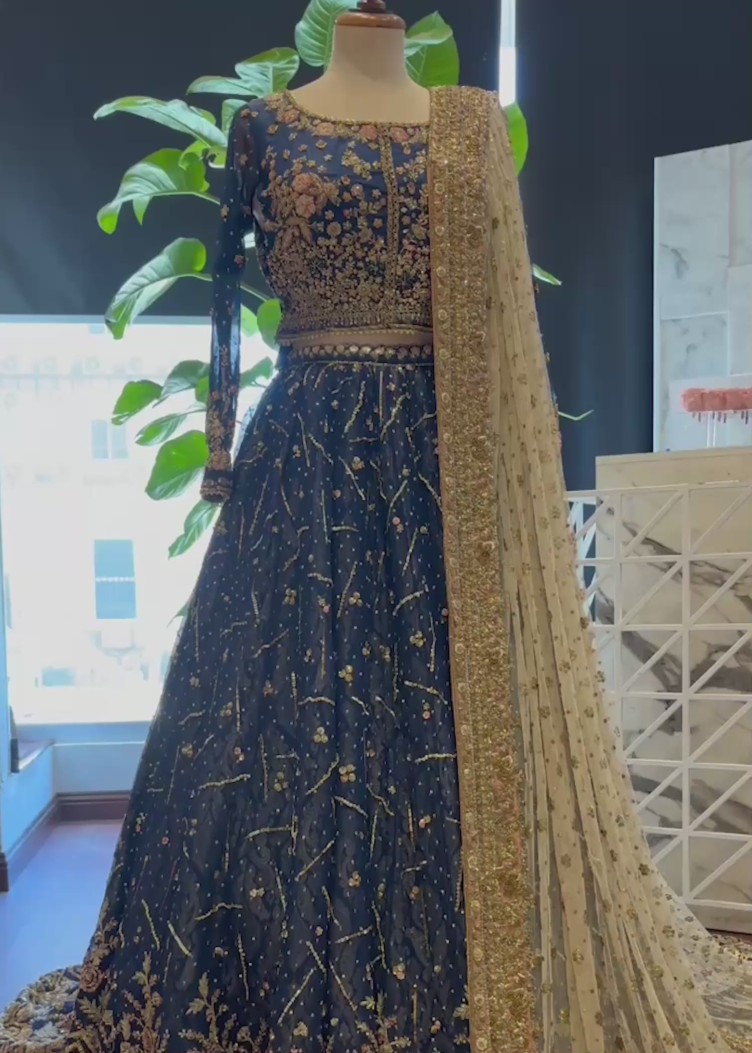 Pakistani Navy Blue Embellished Silk Bridal Lehenga (3-Piece) - Image 3