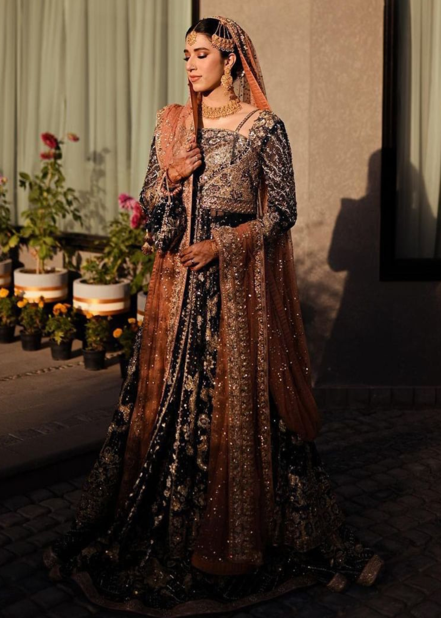 Deep Navy and Rust Embellished Silk Velvet Lehenga (3-Piece) - Image 1