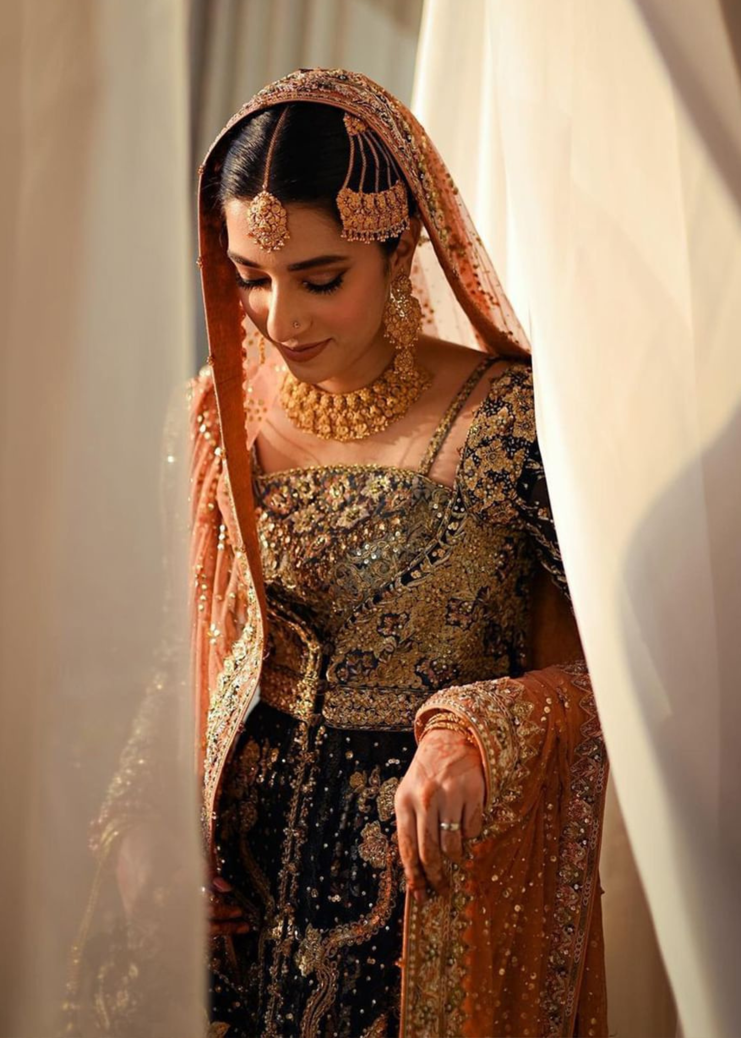 Deep Navy and Rust Embellished Silk Velvet Lehenga (3-Piece) - Image 2