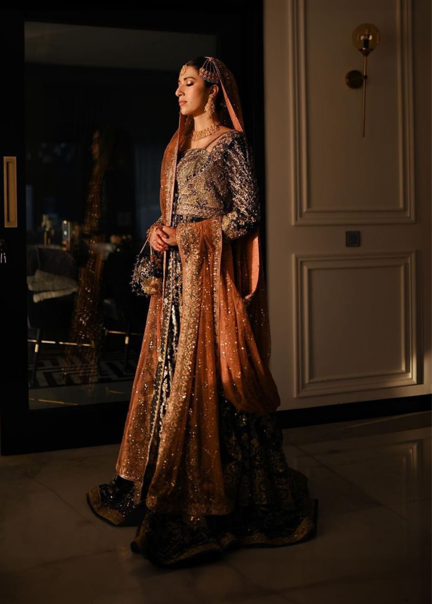Deep Navy and Rust Embellished Silk Velvet Lehenga (3-Piece) - Image 3