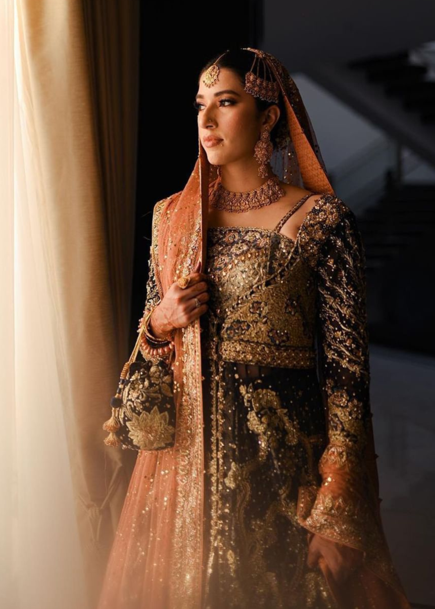 Deep Navy and Rust Embellished Silk Velvet Lehenga (3-Piece) - Image 5