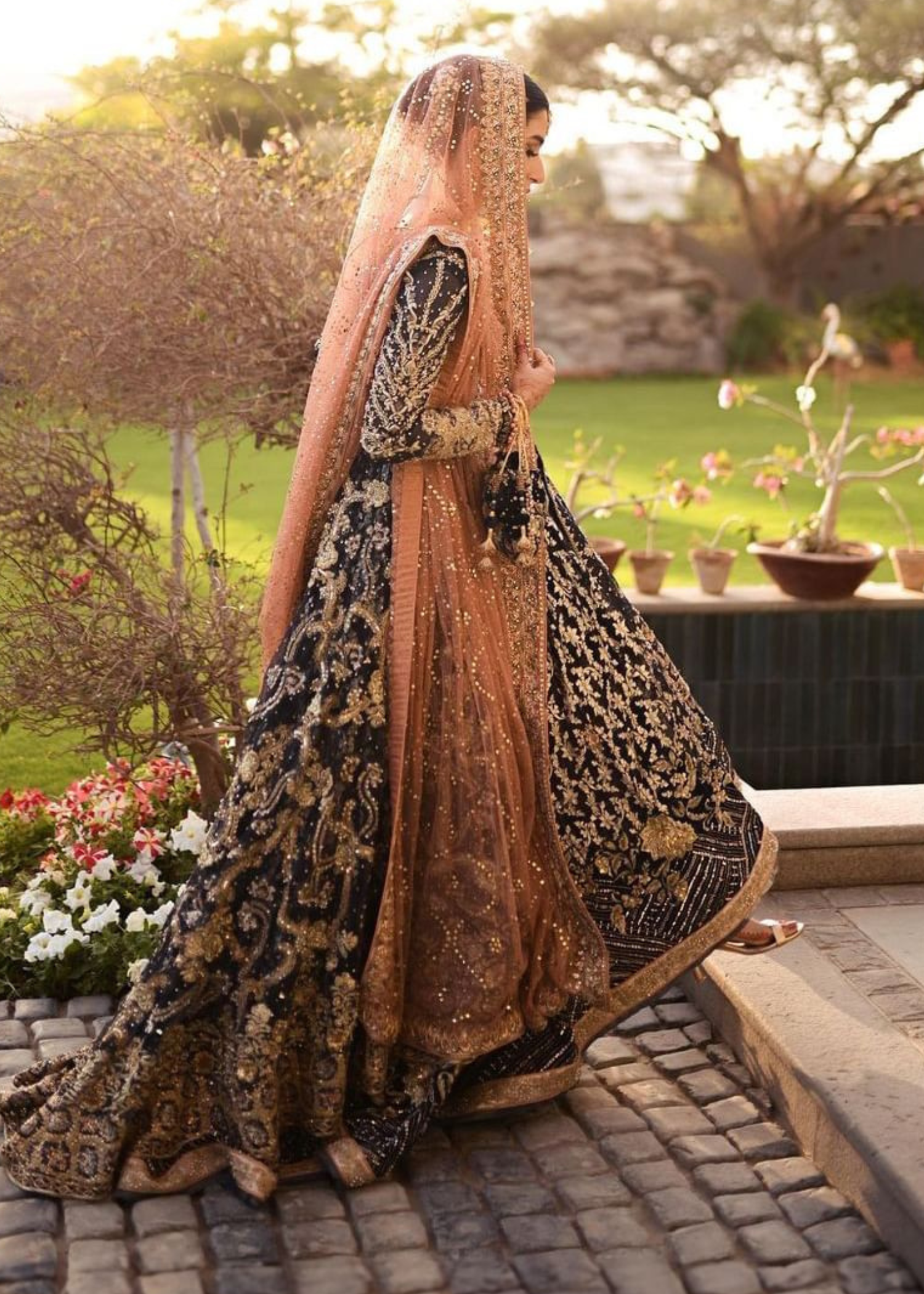 Deep Navy and Rust Embellished Silk Velvet Lehenga (3-Piece) - Image 6