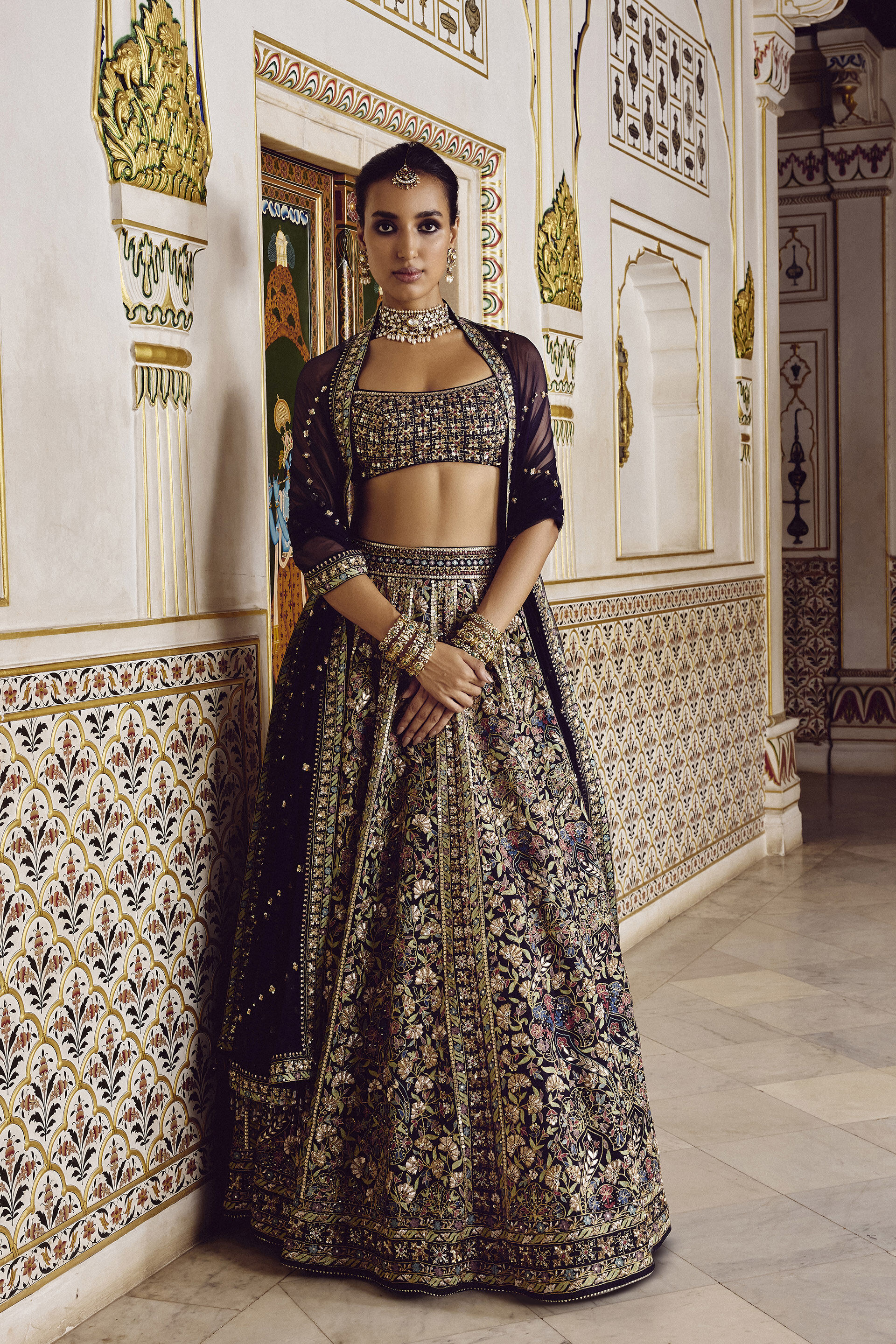 Indian Navy Zardozi Silk Lehenga Set (3-Piece) - Image 1