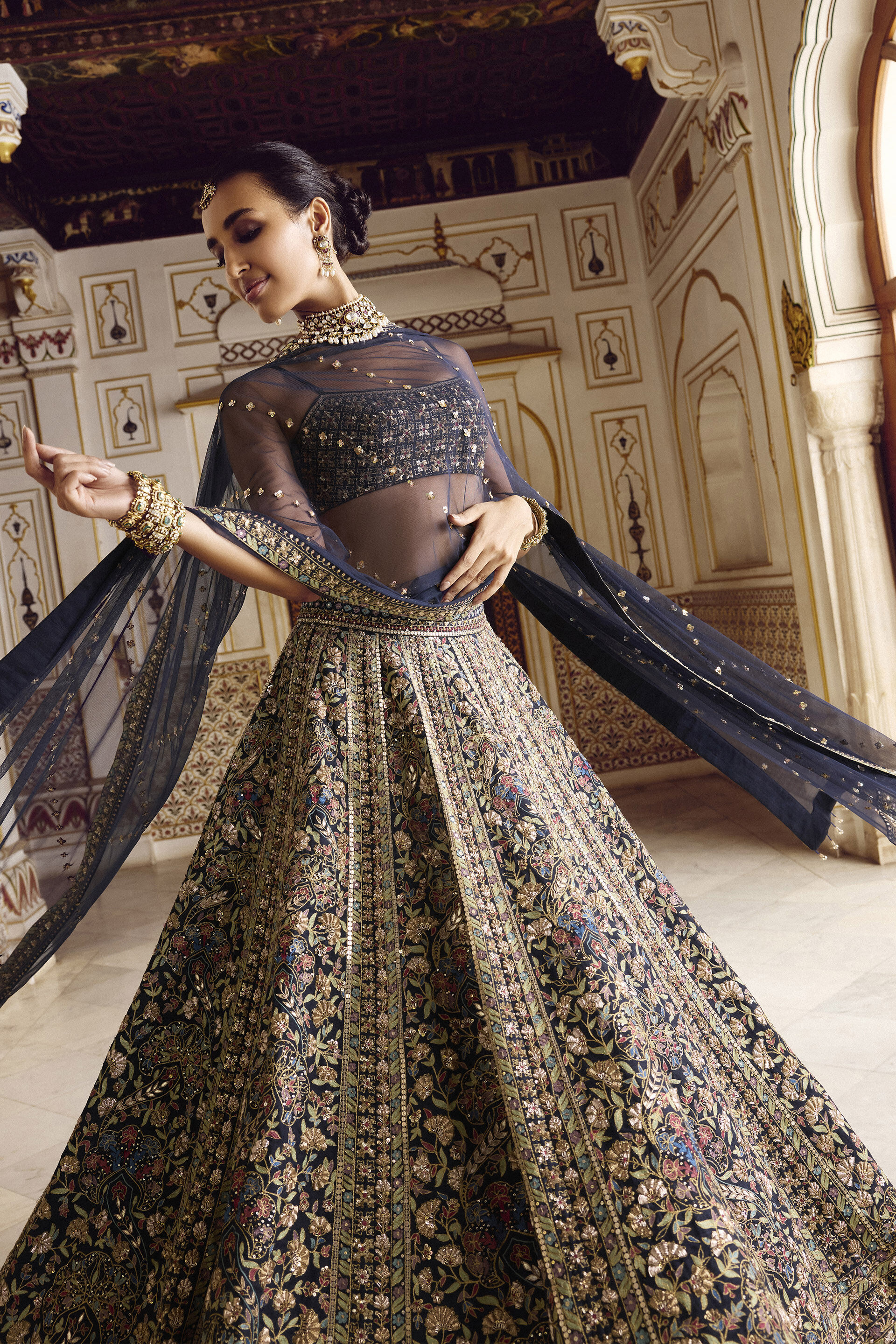 Indian Navy Zardozi Silk Lehenga Set (3-Piece) - Image 3
