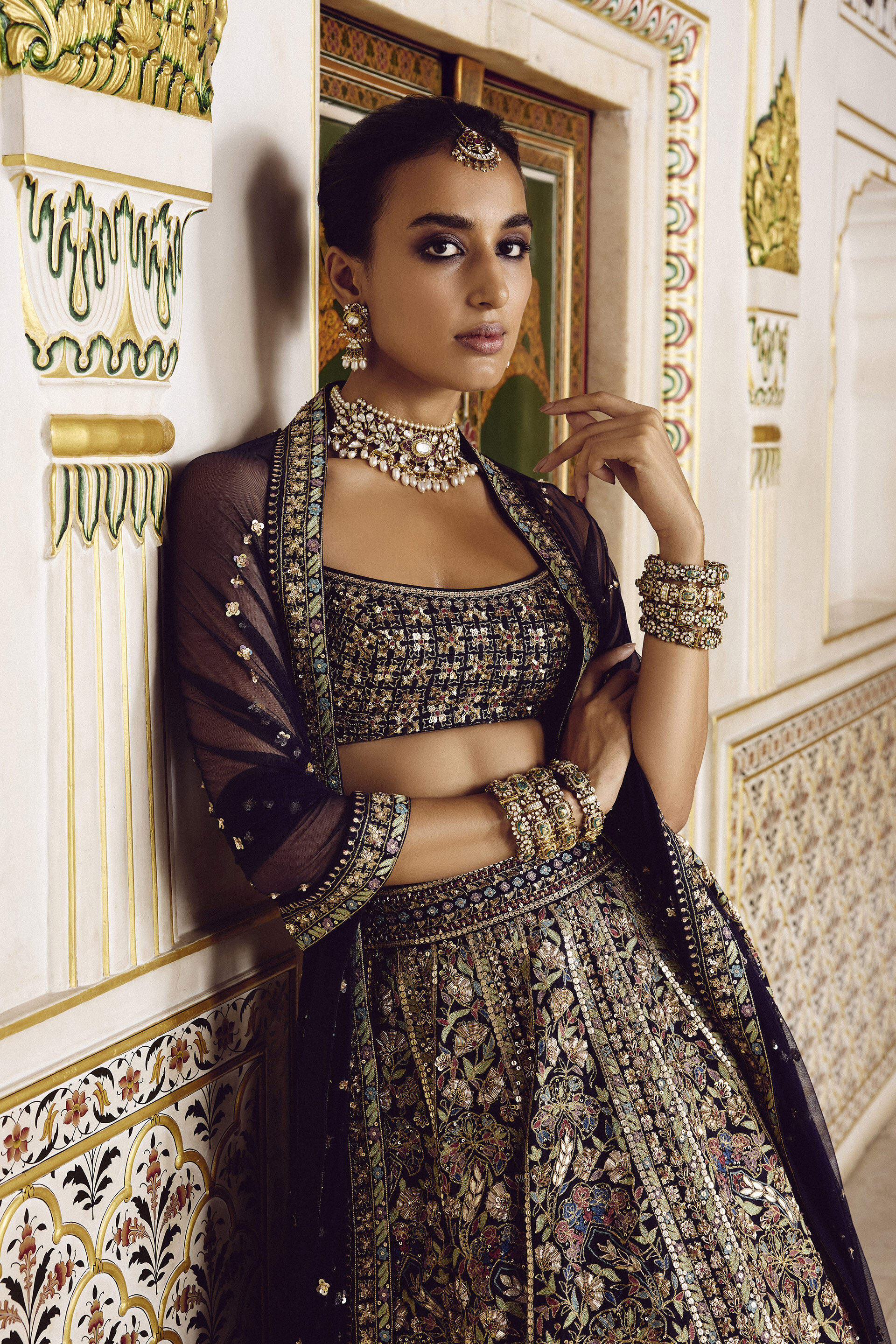 Indian Navy Zardozi Silk Lehenga Set (3-Piece) - Image 4