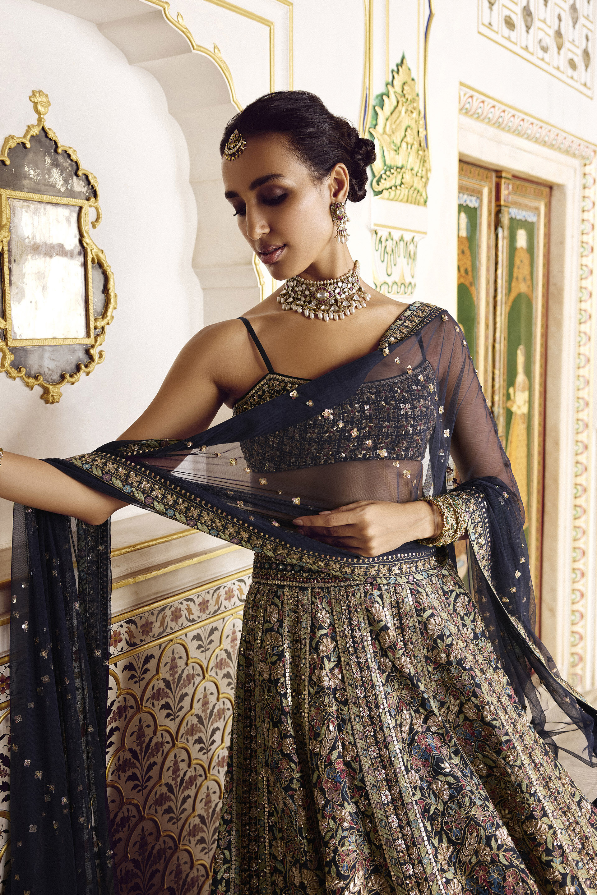 Indian Navy Zardozi Silk Lehenga Set (3-Piece) - Image 5