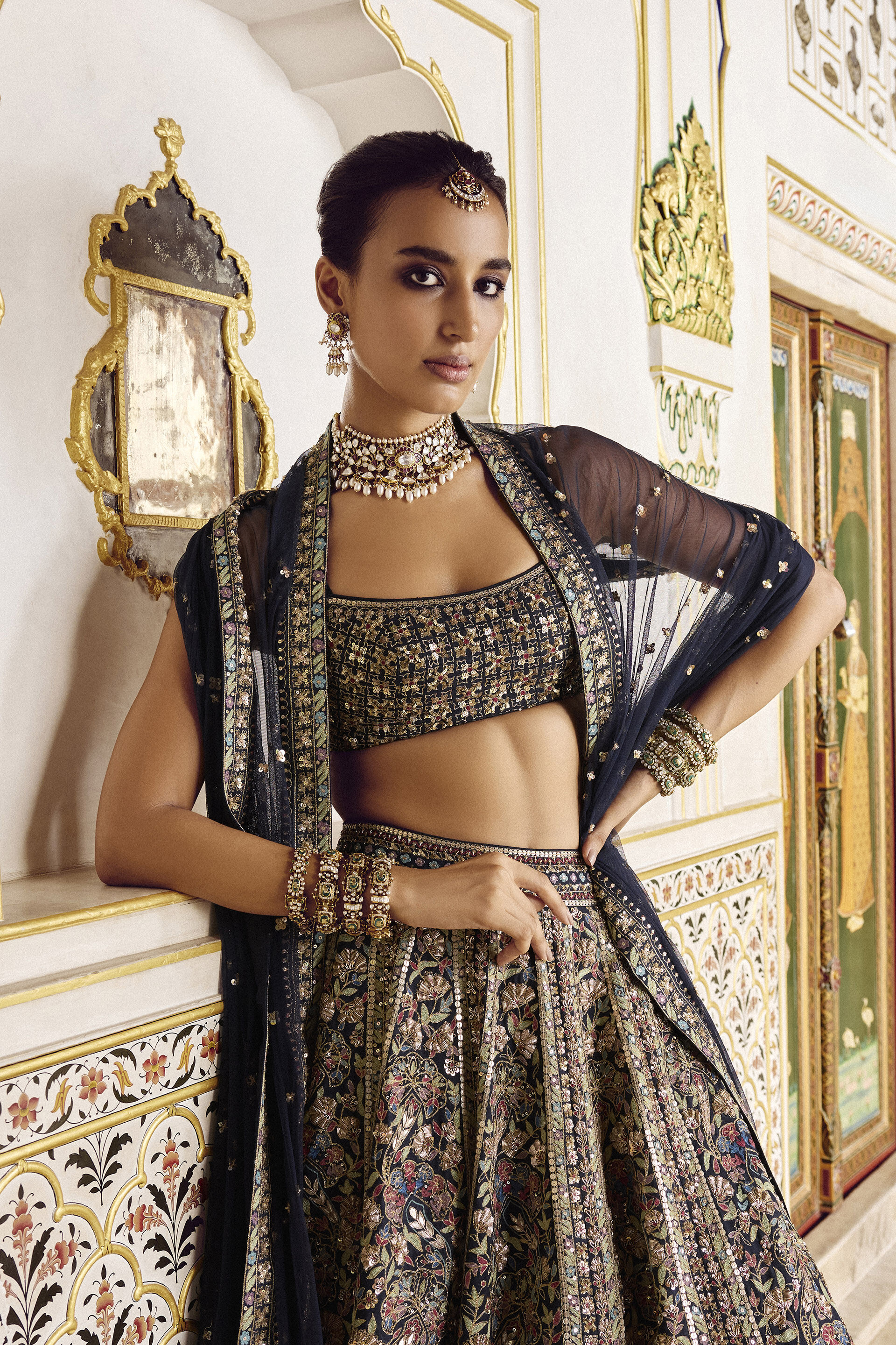 Indian Navy Zardozi Silk Lehenga Set (3-Piece) - Image 6