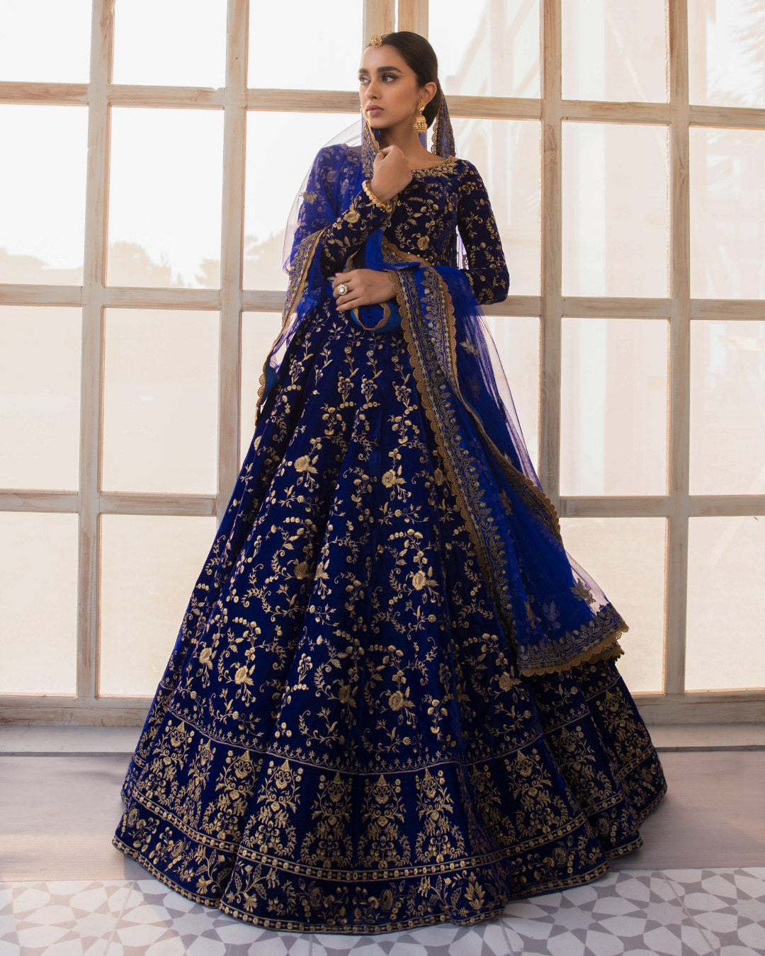 Navy Blue Embroidered Velvet Lehenga Choli (3-Piece) - Image 1
