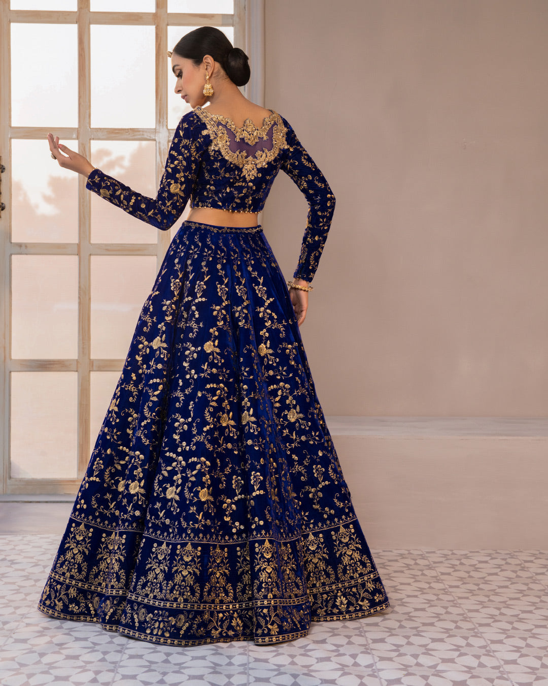 Navy Blue Embroidered Velvet Lehenga Choli (3-Piece) - Image 2