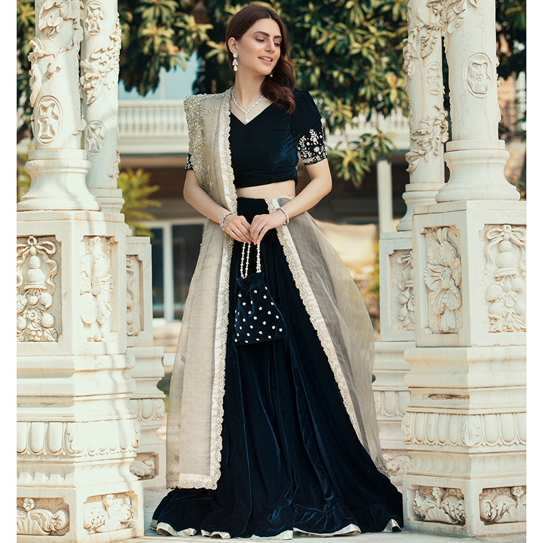 Deep Navy Embroidered Velvet & Tissue Net Lehenga (4-Piece) - Image 1