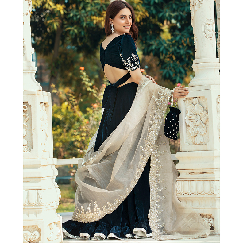 Deep Navy Embroidered Velvet & Tissue Net Lehenga (4-Piece) - Image 2