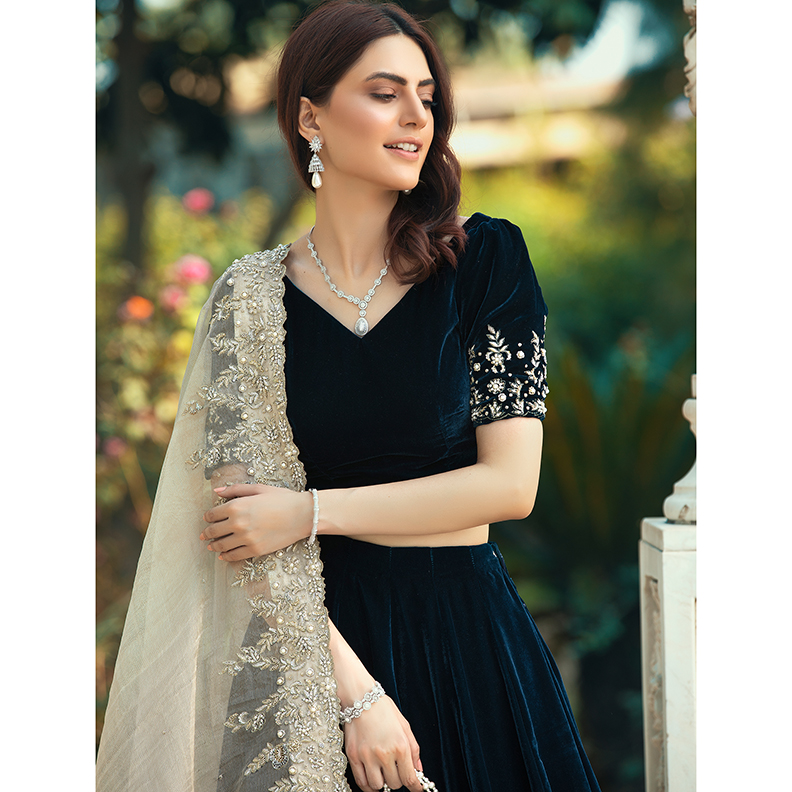 Deep Navy Embroidered Velvet & Tissue Net Lehenga (4-Piece) - Image 3