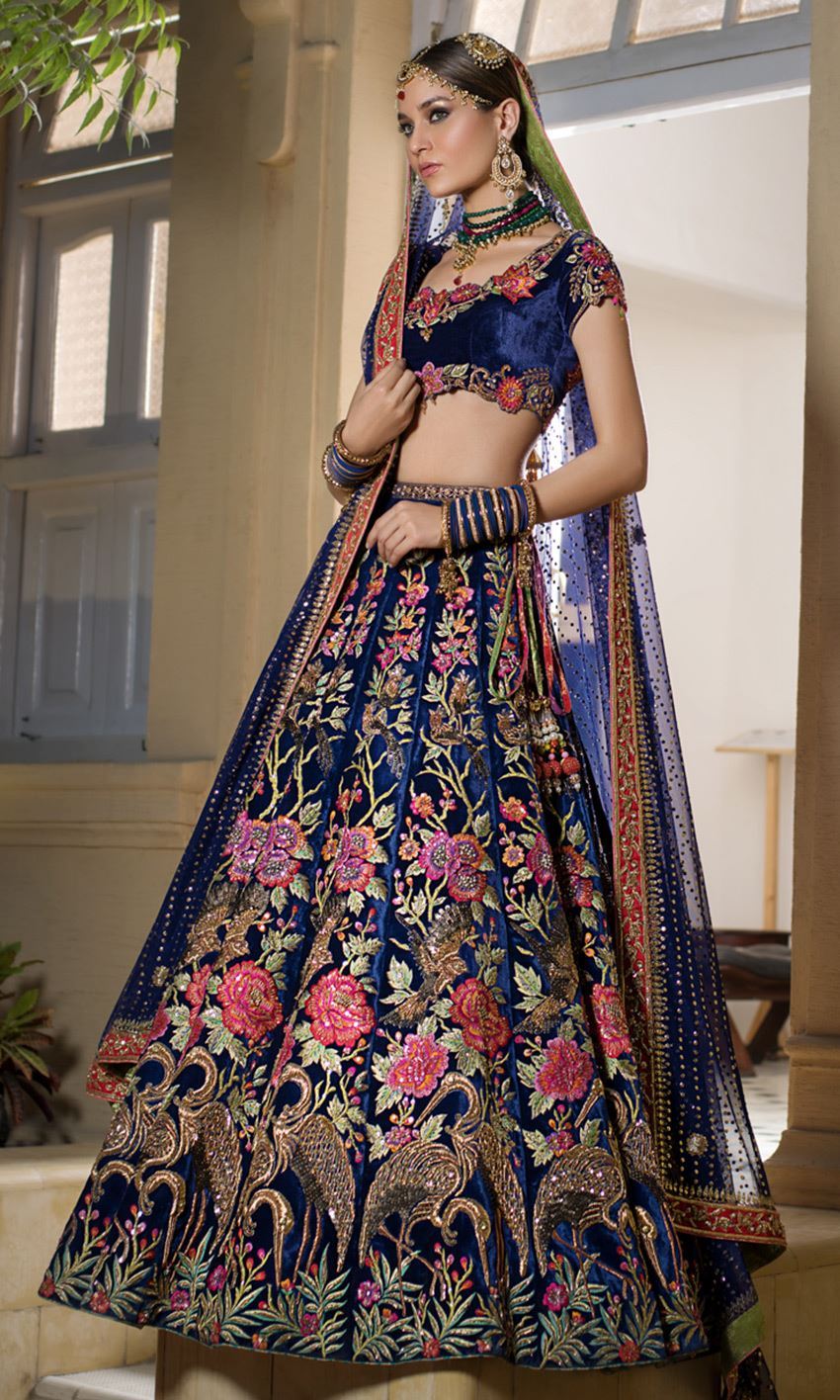 Pakistani Navy Blue Embroidered Velvet Bridal Lehenga Choli (3-Piece) - Image 1
