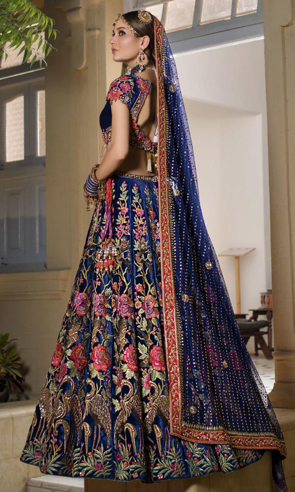 Pakistani Navy Blue Embroidered Velvet Bridal Lehenga Choli (3-Piece) - Image 4