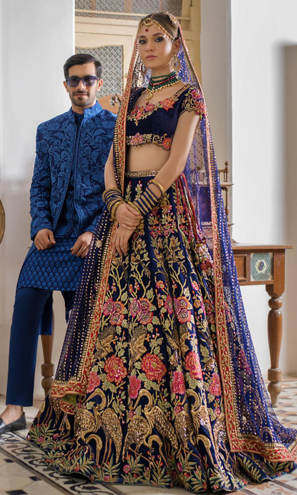 Pakistani Navy Blue Embroidered Velvet Bridal Lehenga Choli (3-Piece) - Image 5