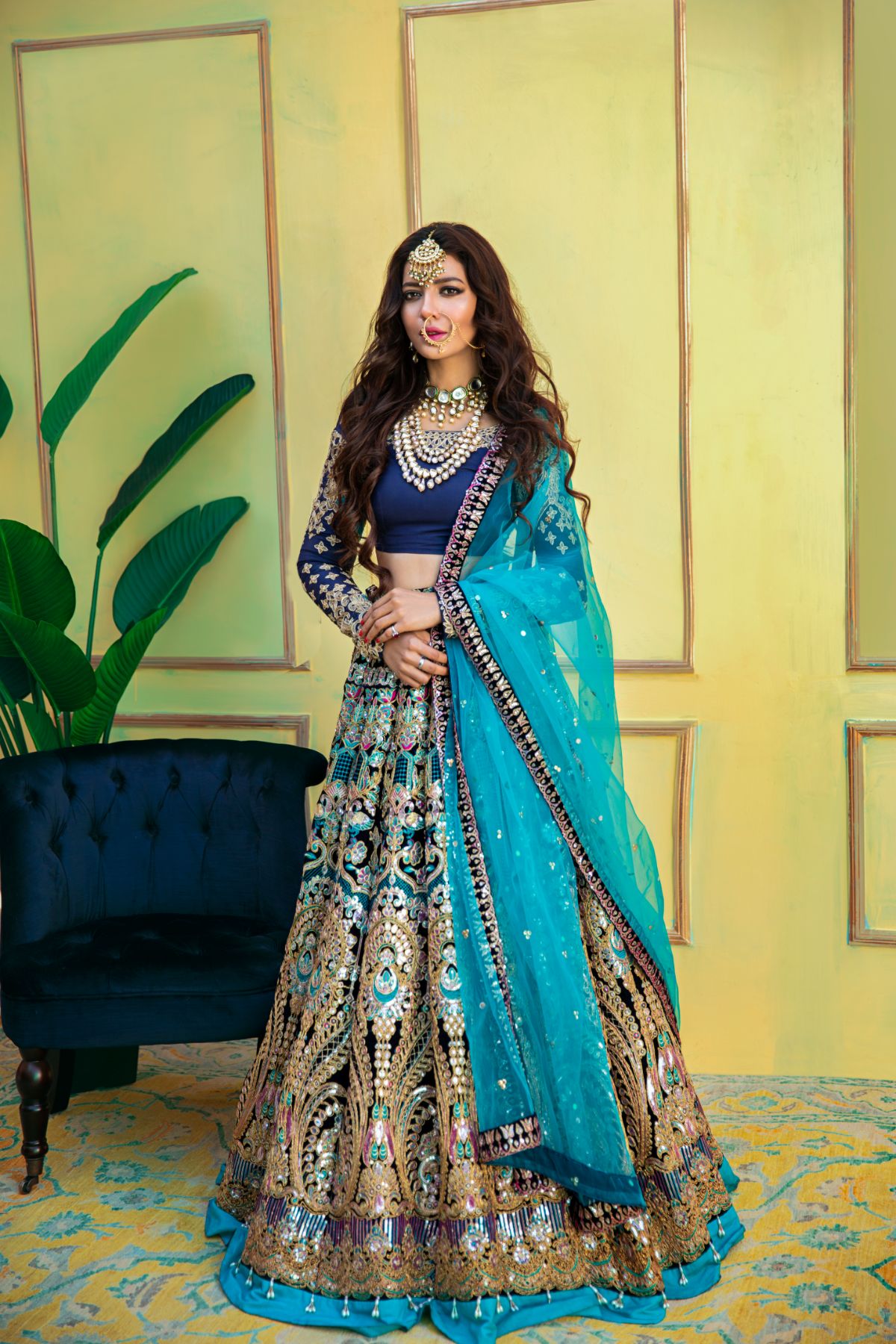 Pakistani Navy Embroidered Velvet & Raw Silk Lehenga Choli (3-Piece) - Image 1