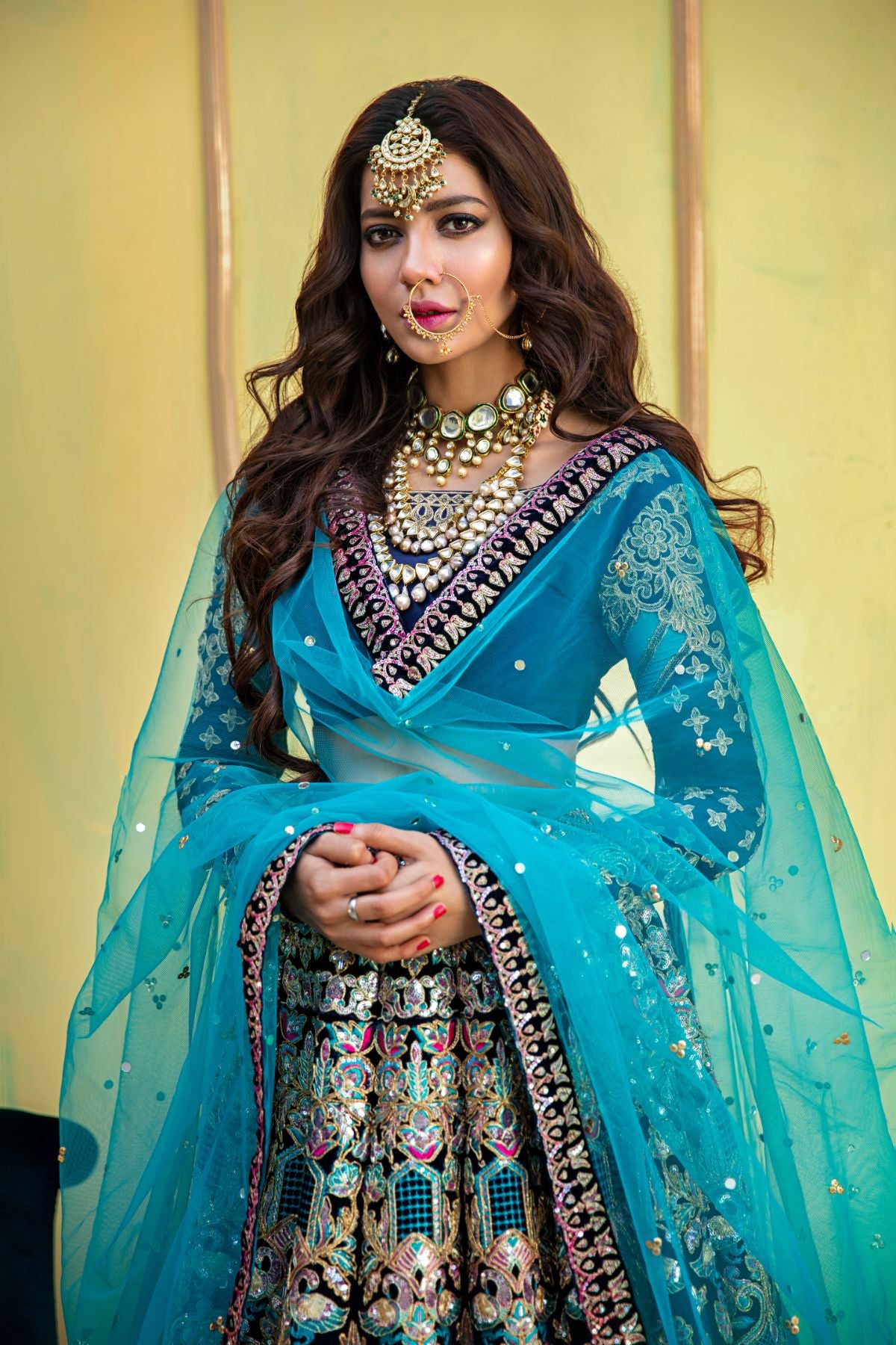 Pakistani Navy Embroidered Velvet & Raw Silk Lehenga Choli (3-Piece) - Image 2