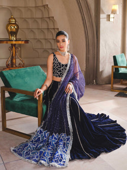Navy Blue Embellished Velvet Lehenga (3-Piece) - Image 1