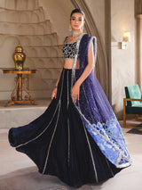 Navy Blue Embellished Velvet Lehenga (3-Piece) - Image 3