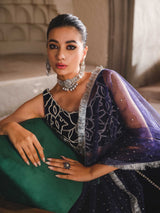 Navy Blue Embellished Velvet Lehenga (3-Piece) - Image 4