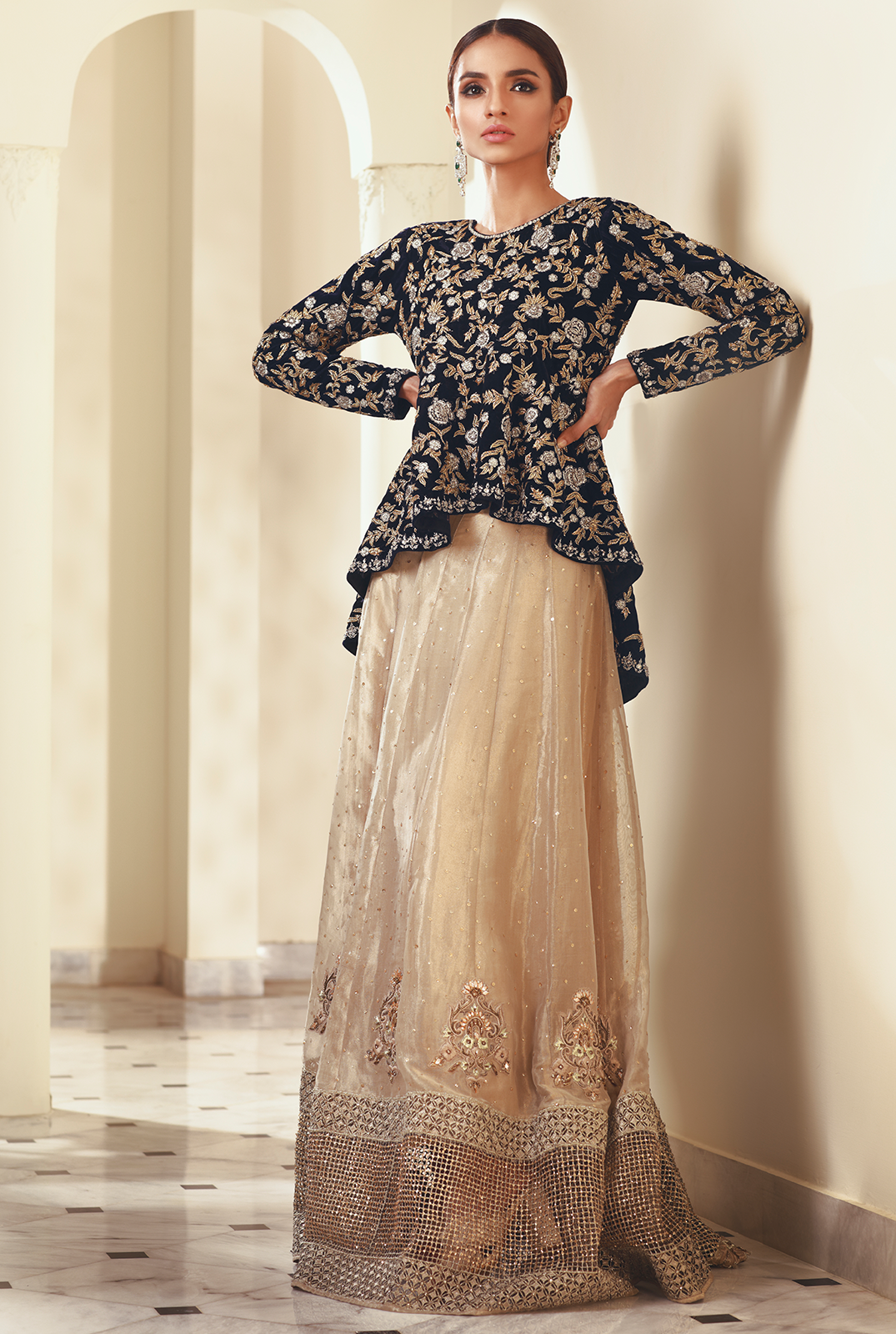 Pakistani Navy Tilla & Dubka Velvet Peplum Lehenga (2-Piece) - Image 1
