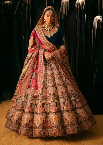 Deep Navy Embellished Velvet Choli & Silk Lehenga (3-Piece) - Image 1