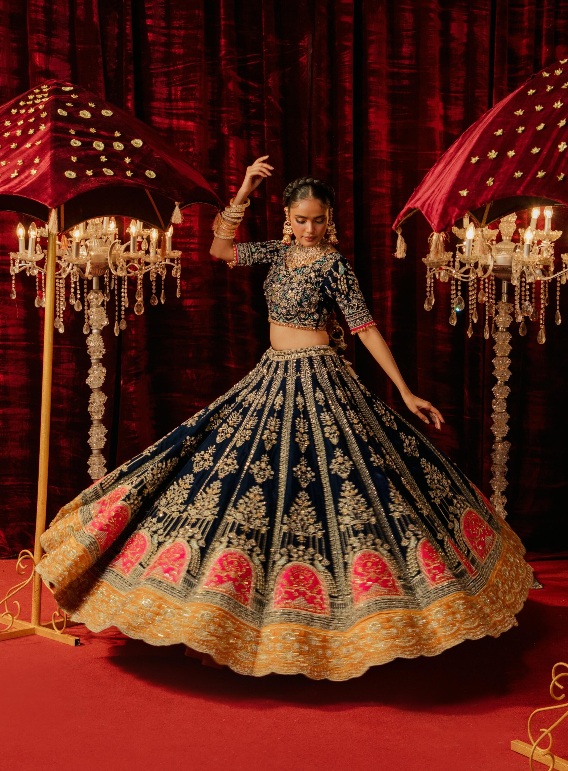 Pakistani Navy Blue Embroidered Velvet Bridal Lehenga (3-Piece) - Image 1