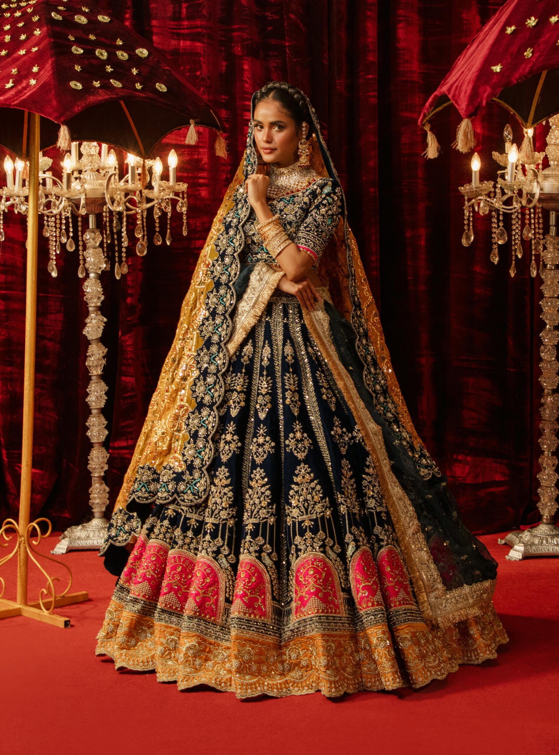 Pakistani Navy Blue Embroidered Velvet Bridal Lehenga (3-Piece) - Image 2