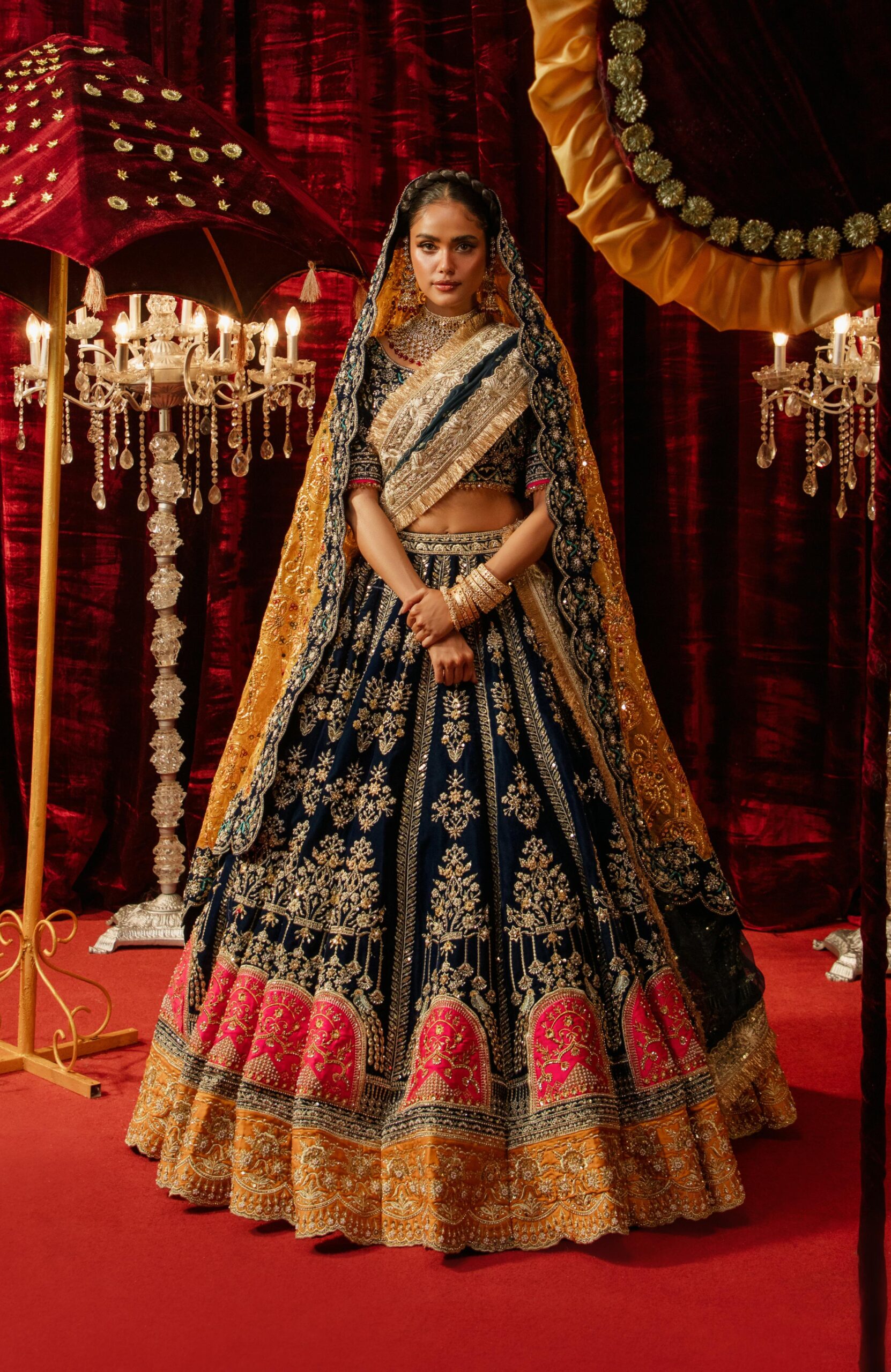 Pakistani Navy Blue Embroidered Velvet Bridal Lehenga (3-Piece) - Image 3
