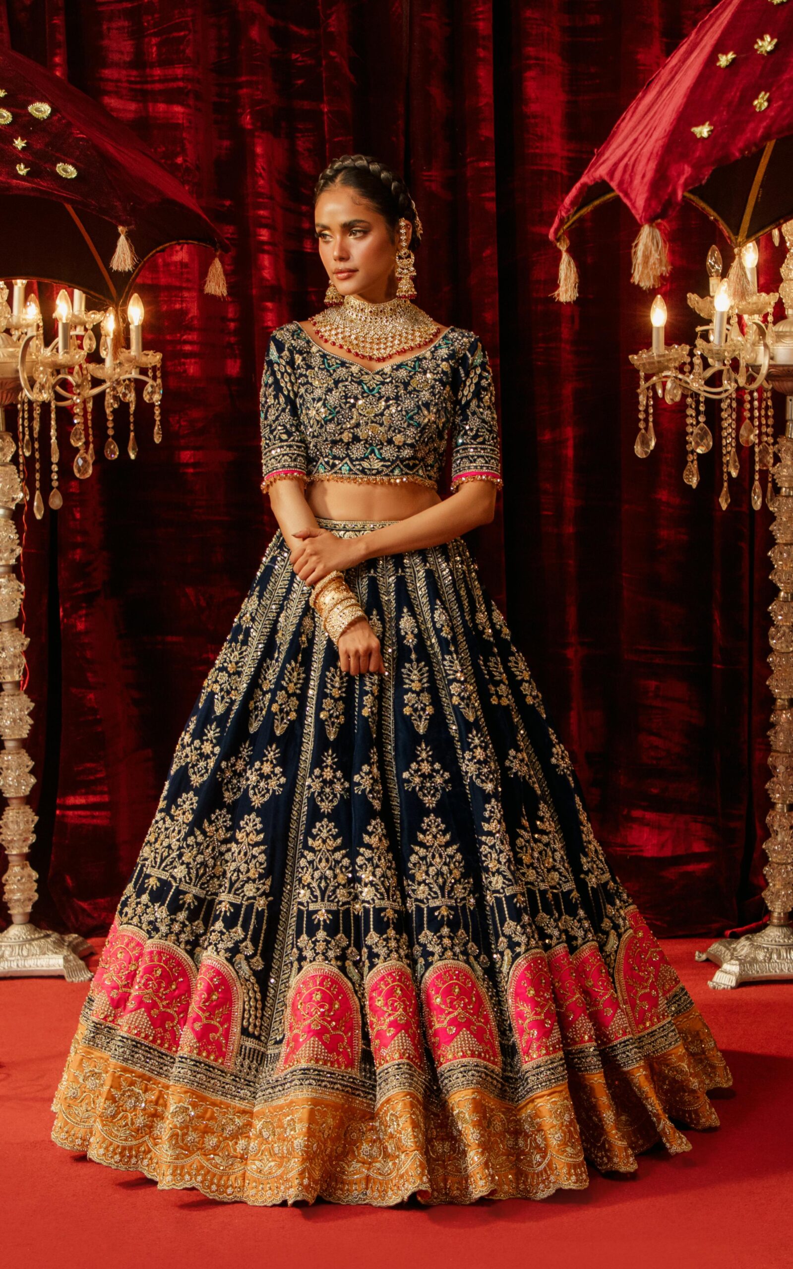 Pakistani Navy Blue Embroidered Velvet Bridal Lehenga (3-Piece) - Image 5