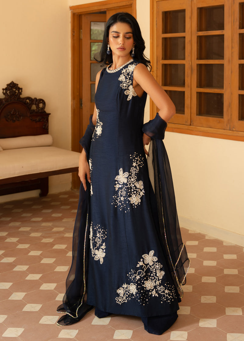 Pakistani Navy Blue Hand-Embellished Korean Raw Silk Maxi (3-Piece) - Image 1