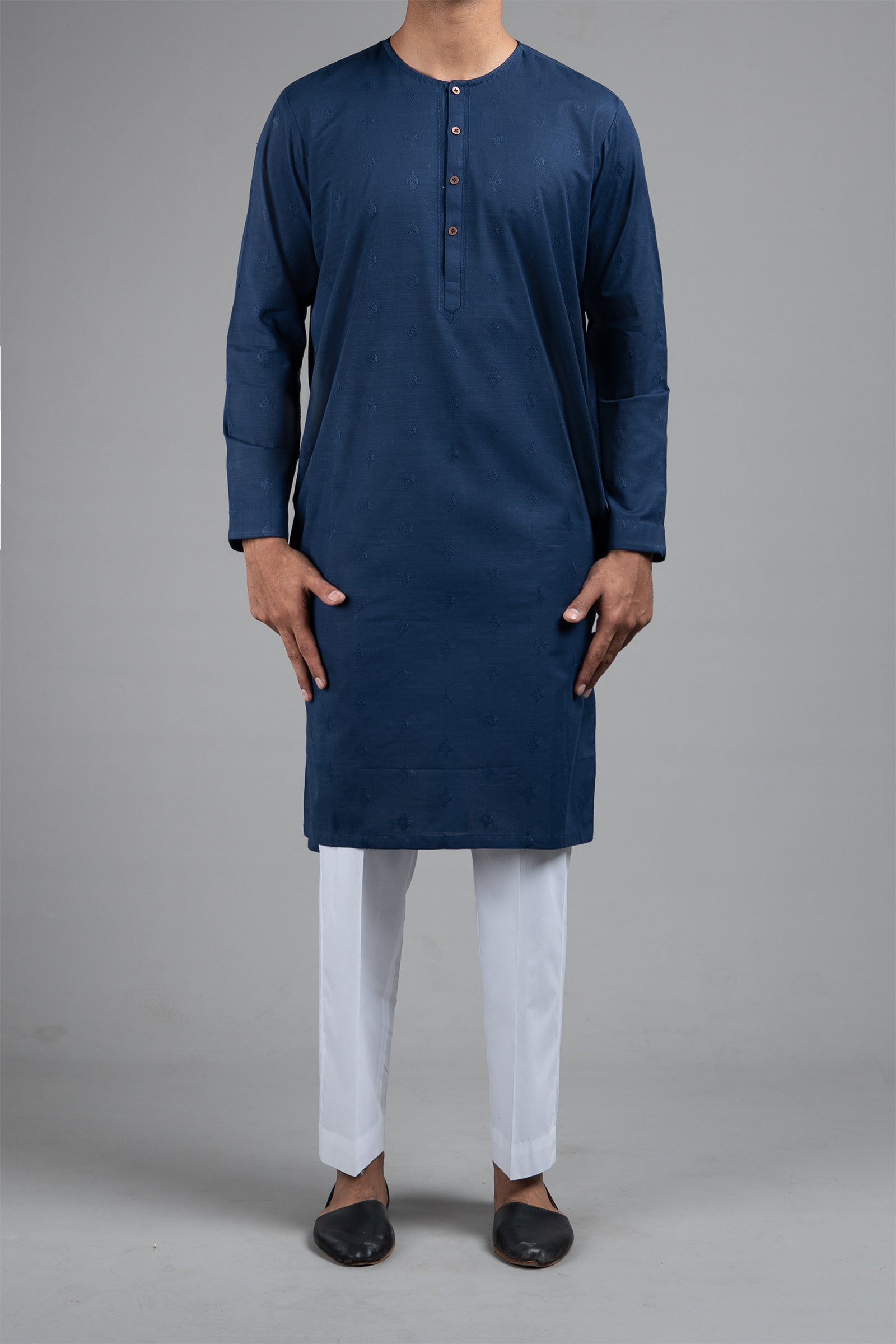 Navy Blue Embroidered Egyptian Cotton Kurta (2-Piece) - Image 2