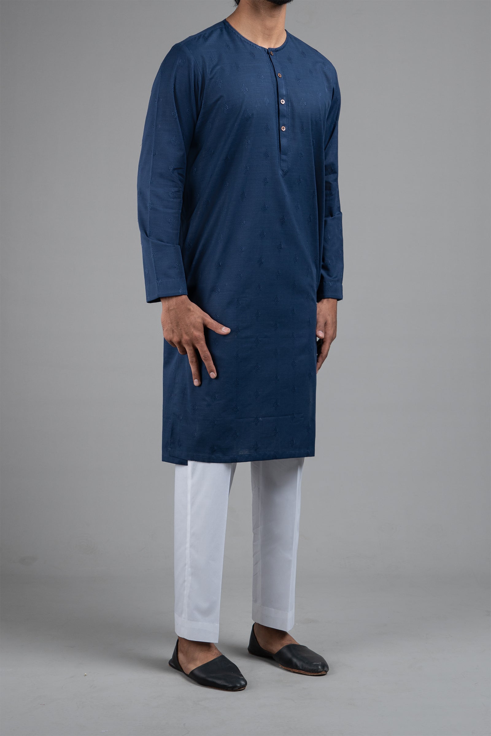 Navy Blue Embroidered Egyptian Cotton Kurta (2-Piece) - Image 3