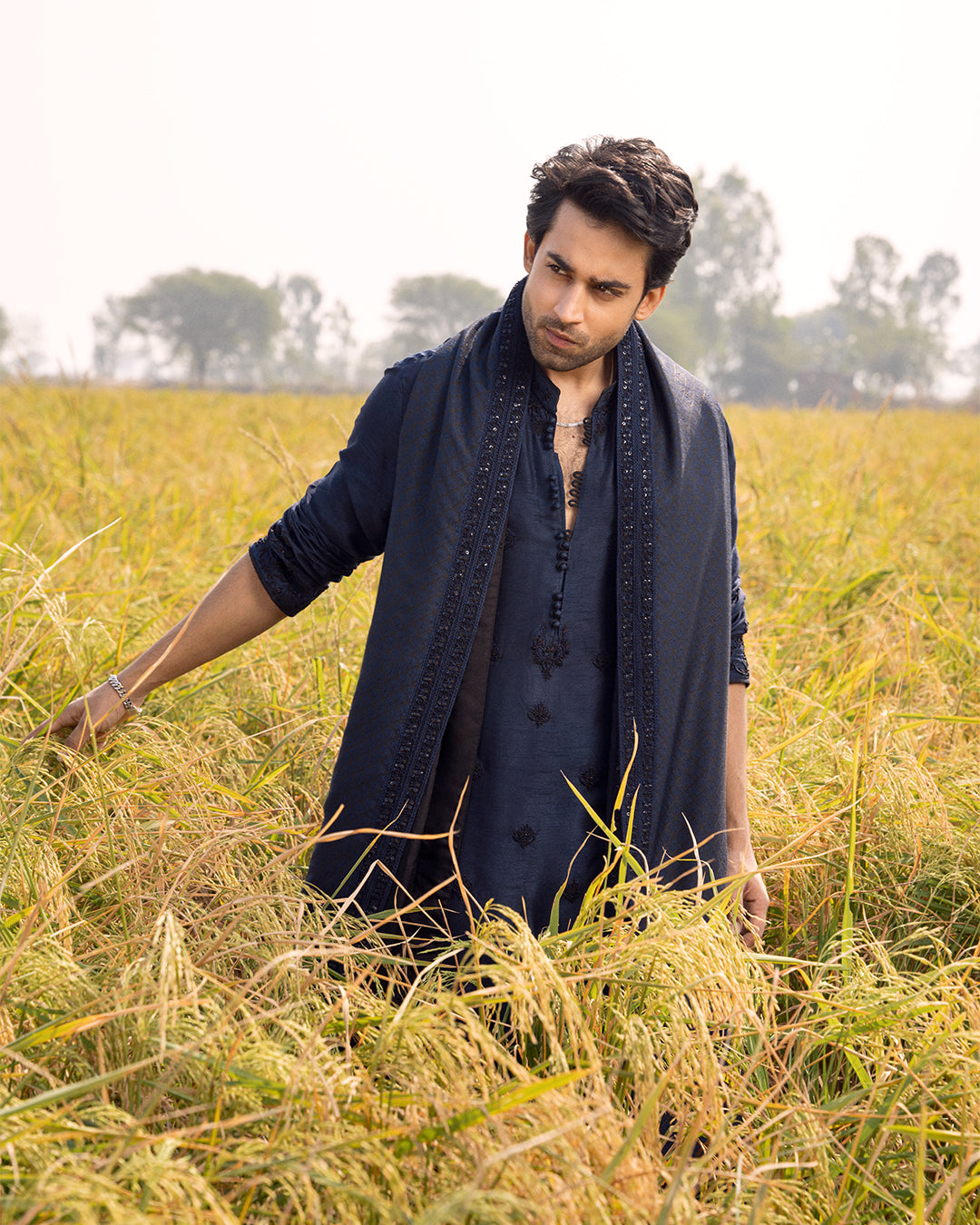 Navy Embroidered Korean Raw Silk Kurta Set (3-Piece) - Image 3